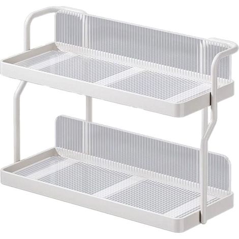 Organisateur de comptoir 2 niveaux en acier carbone pour cuisine, étagère à épices multifonctionnelle pour chambre, salle de bains, placard, sous l'évier, couleur blanc crème (1/4)