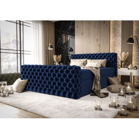 Lit Boxspring Figo Iv - Bleu Foncé - 180x200 Cm - Lit Moderne - Coffre De Rangement - Matelas À Ressorts Ensachés (1/5)