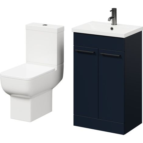 Wholesale Domestic Alessio Deep Blue 500mm Vanity Unit and Toilet Suite including Open Back Toilet and Floor Standing Vanity Unit with 2 Doors and Gunmetal Grey Handles (1/5)