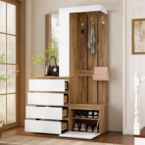Vestiaire d'entrée 100x35x180 cm avec miroir, 4 tiroirs, porte, crochets et rangement, meuble de couloir design blanc et bois naturel
