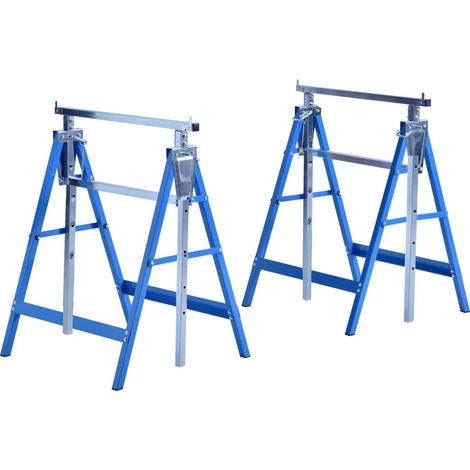 Lot de 2 tréteaux pliables télescopiques réglables en hauteur de 80 à 130 cm, couleur bleue robuste, idéals pour servir d'établis portables ou soutenir des charges lourdes.