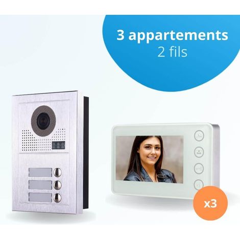 Portier interphone vidéo MODERN 2 Fils - 3 appartements - 3 écrans blancs