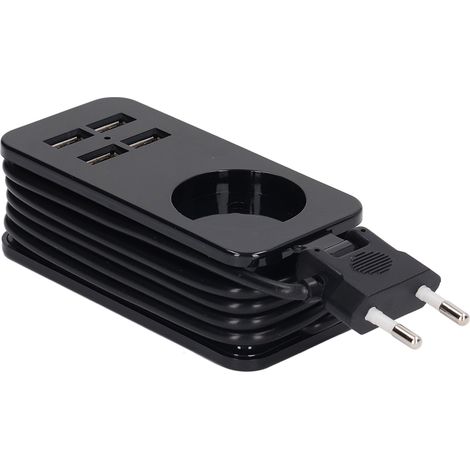 Multiprise ronde 1200W, norme allemande, avec 2 prises européennes et 4 ports USB pour smartphones et tablettes, 250V, noir, charge rapide et sûre. (1/5)