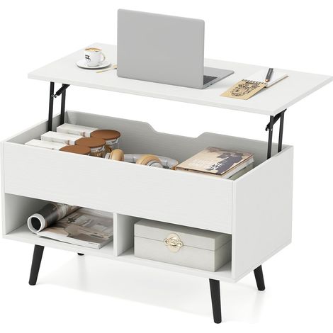 COSTWAY Tavolino da Salotto con Superficie Sollevabile, Tavolino da Caffè Moderno con Scompartimento Nascosto e 2 Ripiani, Ideale per Salone, Ufficio e Sala Riunioni (Bianco) (1/5)