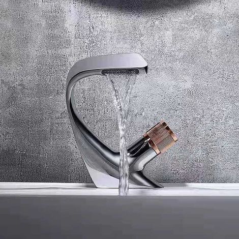 Robinet Cascade pour Lavabo à Dessus en Laiton Massif, Argenté et Rose Or – Robinet Salle de Bain à Débit Cascade (sans tube d'alimentation) (1/5)