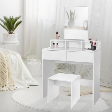 ML-Design Tavolino da Trucco con con Sgabello Specchio e 2 Cassetti 3 Scomparti Aperti 80 x 40 x 140 cm Bianco Moderno Tavolino Cosmetico Cassettiera per Donne e Ragazze Postazione Toeletta (1/5)
