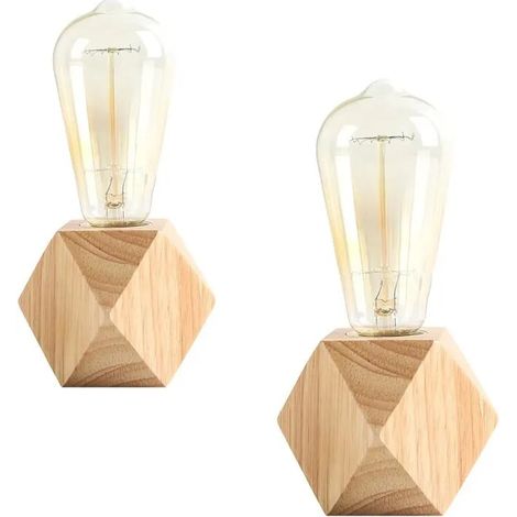 Petite lampe de table 2 pièces, lampe de chevet avec base en bois de diamant à côté de la lampe, E27 60W (1/4)