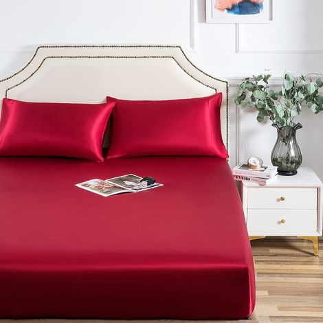 Drap-housse en satin, 90 x 200 cm, rouge bordeaux, soie brillante, drap de lit, adapté aux matelas jusqu'à 25 cm (1/5)