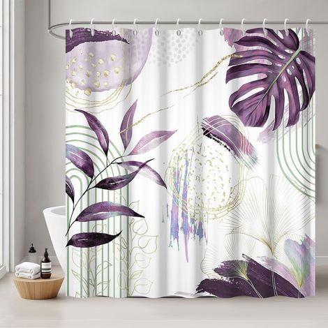 Cortina de ducha color lavanda, 180 x 180 cm, antimoho cortina de baño impermeable de color morado bohemio, confeccionada en tejido lavable. (1/5)