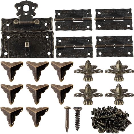 1 pcs Fermoir Boite Verrou Décoratifs Antiques 8 pièces Coin Décoratif Protection Couverture 4 pcs Charnière en Métal 4 pcs Pied D’angle Décoratifpour boîte à bijoux en bois bronze (1/5)