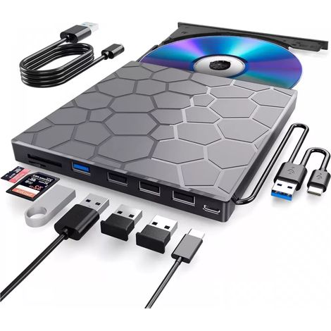 1 Lecteur graveur CD DVD, Hub USB 3.0 Type C, Ports USB 2.0, Lecteur carte SD TF, Pour ordinateur portable Windows Mac (1/5)