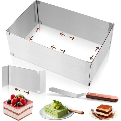 Rectangular Patisserie Mould, Adjustable Stainless Steel Rectangular Frame 10 cm High with Divider, Spatula, Rectangular Reusable Cake Mould for Baking (1/5)
