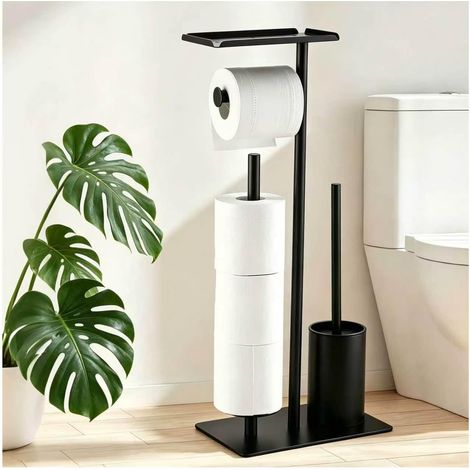 Porte Papier Toilette sur Pied, Dérouleur Papier Toilette avec Brosse Toilettes WC, Antidérapante, Range Papier Toilette pour Accueillir Jusqu'à 4 Rouleaux (1/5)