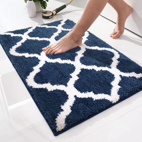 Tapis de Bain Antiderapant,Tapis Salle de Bain Absorbant en Microfibre Douce,Tapis de Salle à Motifs Marocains, Lavable en Machine - 40 x 60 cm, Bleu Marine (1/5)