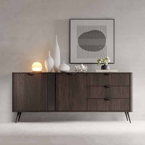 Credenza Kabatiti, Madia 3 Cassetti, 2 Ripiani, Apertura Battente, Scorrevole, 195x38x81h cm Marrone Noce (1/5)
