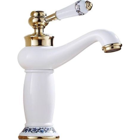 Robinet de salle de bain en laiton, monotrou, bec bas, robinet de lavabo à poignée unique, robinet de lavabo eau chaude et froide (doré et blanc). (1/4)