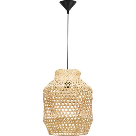 Merano Allen Plafonnier Dome Suspension Rotin Naturel Fil Tissu Noir Culot LED E27