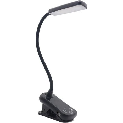 Lampe de Bureau Pince LED Rechargeable 3 Températures de Couleur 8 Niveaux Lumière sans Éblouissement USB Col de Cygne 360° Noir (1/4)