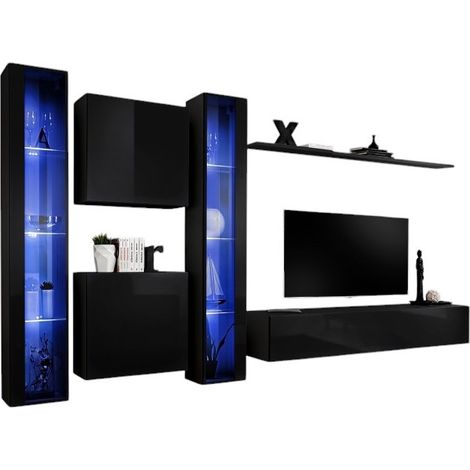 Wandkomposition SWITCH XVI – TV-Möbel, LED-Vitrinen, Würfel und Regal – Hochglanz Schwarz – Zeitgenössisches Design