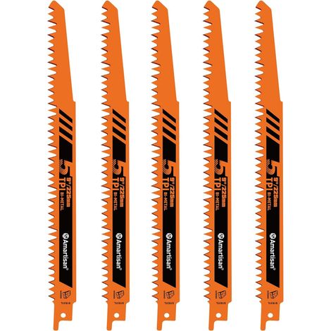 5 Pack 225mm Reciprocating Saw Blades 5TPI Reciprocating Saw Blades for Wood and Metal, Replacement Blades for Pruning, Branches, Pallets, Firewood and Demolition, Orange (1/5)
