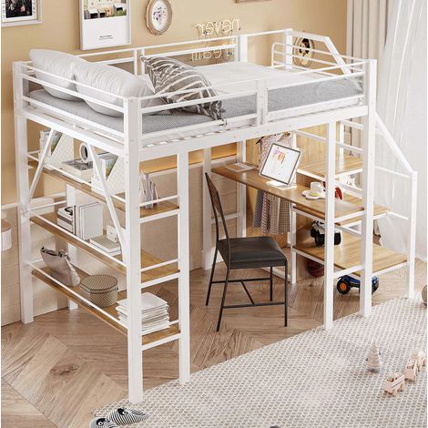 Cama Alta 140x200 Cm Estructura Metal Blanco (1/5)