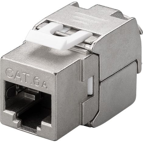 Modulo Keystone RJ45 CAT 6A, STP, 500 MHz, slim-line, larghezza 16,3 mm, tipo a coccodrillo, per montaggio IDC senza attrezzi.