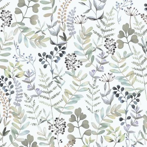 Papier peint herbier aquarelle tons bleutés fond blanc (1/2)