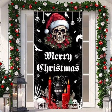 Stickers de porte de Noël, décorations de porte Père Noël, décorations de fête du Nouvel An, décorations de fêtes, banderoles/décorations de porte - 90 x 180 cm (avec trous et ruban) - Lot de 4