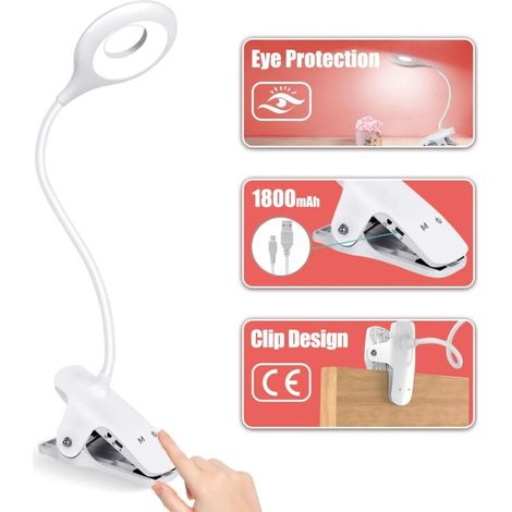 Lampe de Bureau LED sans Fil Rechargeable, Lampe de Lecture pour Livre avec 28 LEDs, 3 Couleur et 3 Intensité Variable, Lampe Pince pour Lit, Lampe de Chevet Tactile pour Enfant, Blanc (1/5)
