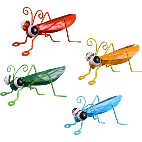 JSSEVN-Lot de 4 figurines d'insectes en fer - Figurine de sauterelle - Figurine décorative de jardin - Décoration murale en métal - Sculpture murale (1/5)