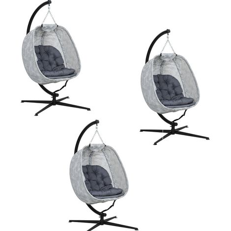3er-Set eiförmiger Hängesessel für den Außenbereich, Faltbar Hängeschaukel mit Gestell, Sitzpolstern, Hängematte für 1 Personen, Schaukelsessel Indoor Outdoor, Terrasse, Garten, Grau