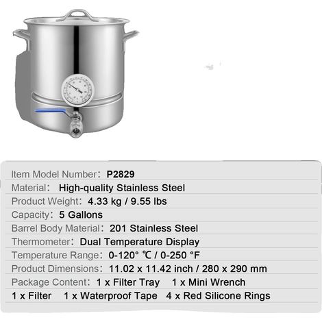 Hervidor de agua para elaboración de cerveza, capacidad de 5 galones, construcción de acero inoxidable, 5 galones con filtro. (1/2)