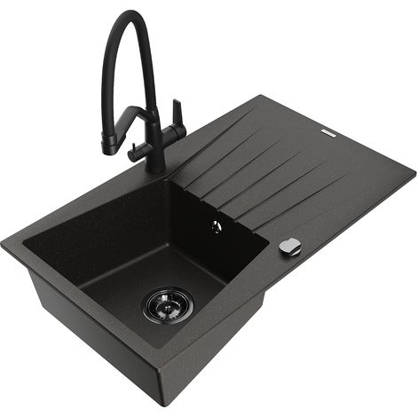 Mexen Cesar lavello in granito a 1 vasca con scolapiatti e rubinetto da cucina Duo, nero/oro metallizzato - 6514-75-671701-70-B (1/5)