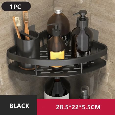 Étagère de salle de bain (noire) en alliage d'aluminium, porte-shampoing, organisateur de maquillage, étagère de douche, accessoires de salle de bain, étagère d'angle murale sans perçage (1/5)