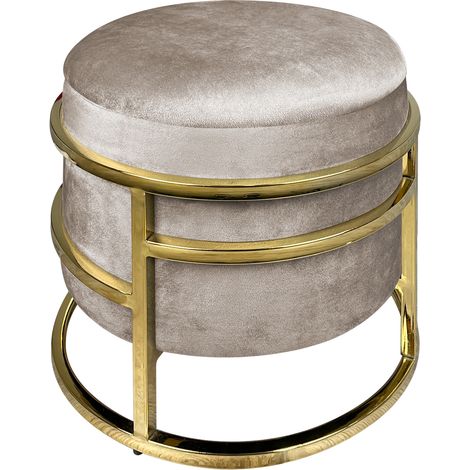 Pouf Contenitore Poggiapiedi Velluto Con Struttura Circolare Cromata Oro Elegante Imbottito Sgabello Per Toeletta Mobile Trucco Ottomano Ingresso Camera Da Letto Soggiorno Salotto Rotondo Tortora (1/5)