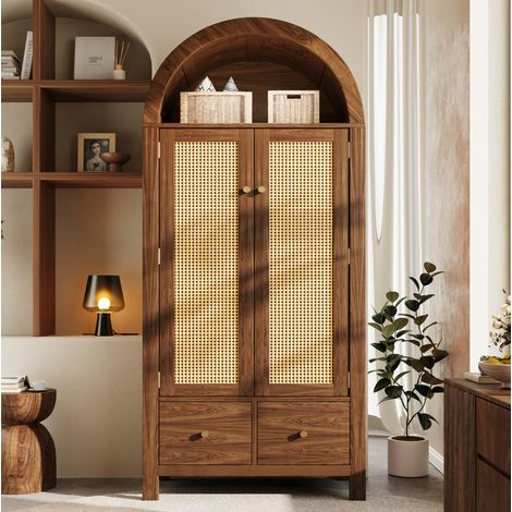 Armoire 181x78x45 cm aspect noyer, niche demi-ronde, 2 portes, 2 tiroirs, penderie (1/5)