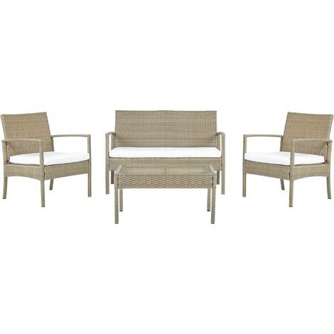 Ensemble de Jardin 4 Places en Rotin Marron avec Coussins Blanc Crème 2 Fauteuils Banc et Table Basse pour Terrasse ou Balcon Contemporain (1/5)