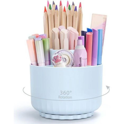 Porte-Crayons Rotatif - Organisateur Bureau 360° - 5 Compartiments - PP Épais - Bleu Clair - 1 Pièce (1/4)