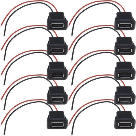 Lot de 10 connecteurs USB 2.0 femelle 2 fils 3 A 2 broches USB femelle avec boucle à rainure pour caméra de vidéosurveillance de voiture enregistreurs audio appareils ménagers 10 cm (1/5)