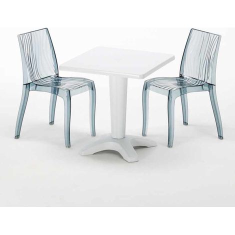 Tavolino Quadrato Bianco 70x70 cm con 2 Sedie Colorate Trasparenti Dune Terrace - Trasparente Nero Antracite