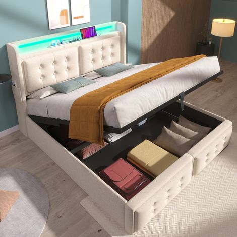 Cama tapizada 180x200 cm con canapé, LED y USB-C, somier de lamas y estructura metálica (1/5)