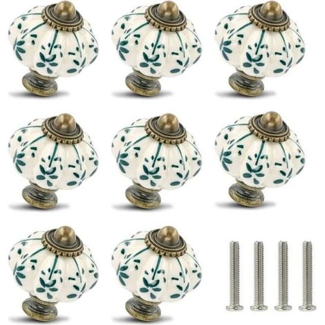 Boutons de meubles vintage en céramique - forme de citrouille, lot de 12, ivoire et vert, avec vis (1/4)