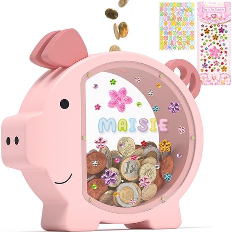 Tirelire en Bois Personnalisable pour Enfants, Grande Capacité Billets et Pièces, Pot d'Épargne avec Fenêtre Transparente, Cadeau Anniversaire Garçons Filles, 25x22,6x4 cm (1/5)