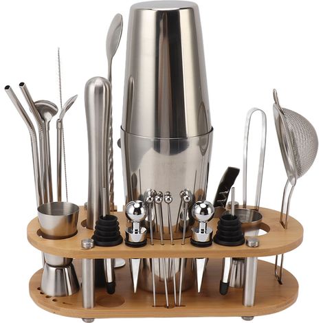 Barkeeper-Set aus Edelstahl mit Bambusständer – Komplettes Zubehör für Cocktails, Bars und Partys (1/5)