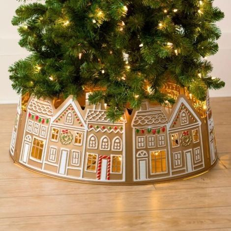 Jupe de sapin de Noël artificiel en forme de maison en pain d'épice avec lumières LED (66/76 cm), cache-sommiers en forme de maison en pain d'épice pour sapins de Noël artificiels (1/5)
