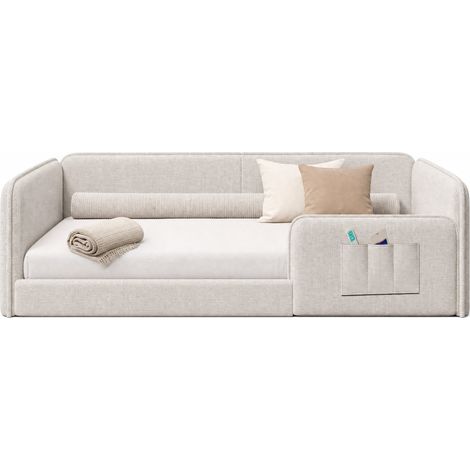 Lit plateforme 90x200 rembourré en tissu beige, avec cadre de sécurité tout autour, poches latérales de rangement et confort moelleux pour enfant - CHICFURN (1/5)