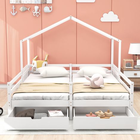 Letto a casetta doppio 208x188.5x158 cm bianco in legno massello con 2 cassetti (1/5)