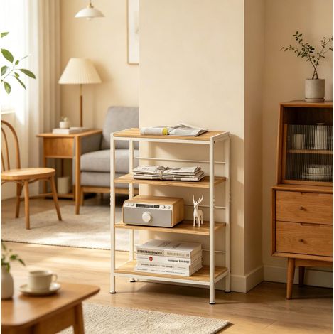 Étagère de rangement 4 niveaux en MDF et métal, blanche et chêne clair, 50x20x78 cm (1/4)