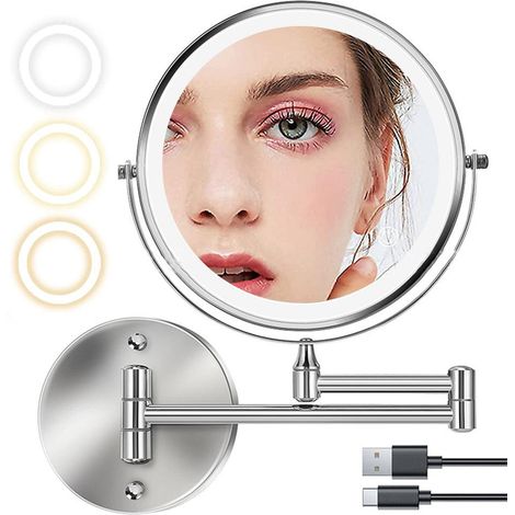 Miroir de maquillage mural pivotant et lumineux double face, grossissement 1X x10X et réglage tactile de la luminosité. (1/5)
