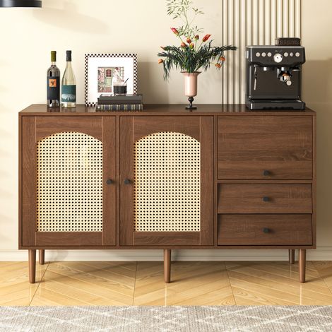 Credenza in rattan da soggiorno con ante in rattan e 2 cassetti, mobile contenitore per sala da pranzo, marrone (1/5)
